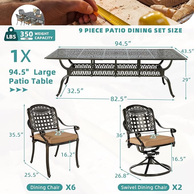 MEETWARM 9-Piece Outdoor Patio Dining Set for 8, All Weather Cast Aluminum Patio Funiture Table and Chairs Set- 94.5” Rectangular Table and 2 Swivel Rocker Chairs, 6 Stationary for Garden, Khaki