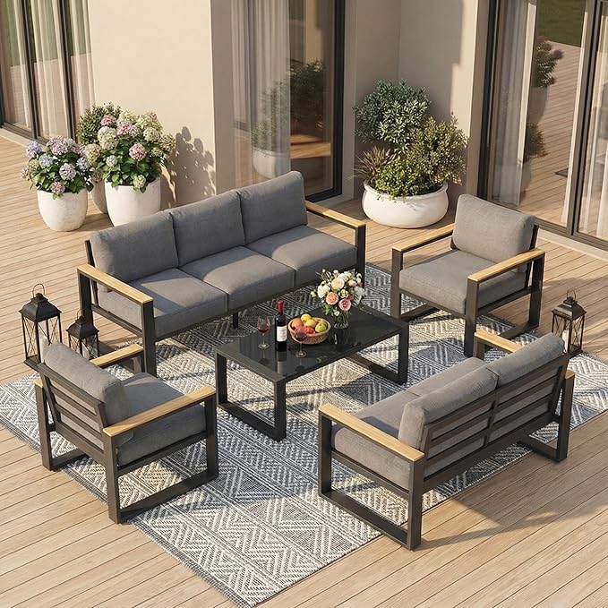 Aluminum Outdoor Patio Furniture Set with Height-adjustable Footrest for Lawn Porches Patio, 7-Seats All-weather Patio Sofa Sets with Coffee Table, Modern Outdoor Patio Conversation set, Grey