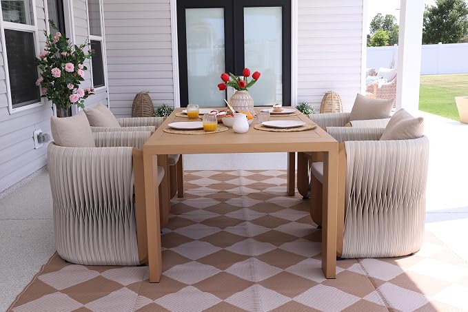 PURPLE LEAF Outdoor Dining Set for 4 with Blended Olefin Cushion Aluminum Luxury Patio Furniture Table and Chairs Set All Weather Wicker Patio Dining Sets for Backyard Garden Deck Pool, Teak