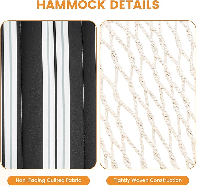 Lazy Daze Hammocks Rope Hammock with Pad, Spreader Bar, Carabiners, Tree Straps, Chains for Outside Patio- Max 450 Lbs, Black White Stripes