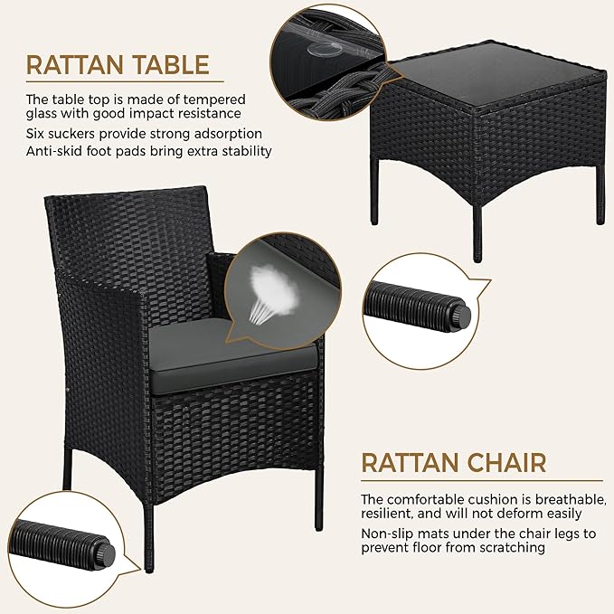 Yaheetech 3 Pieces Patio Porch Furniture Set, Outdoor PE Rattan Wicker Conversation Set with Soft Cushions, Glass Coffee Table & 2 Chairs for Garden/Deck/Courtyard/Poolside, Black/Gray