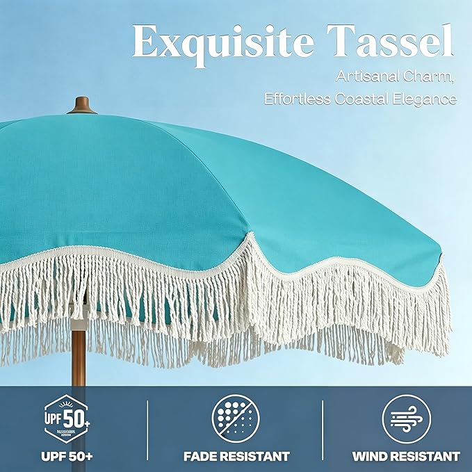 7FT Patio Umbrella with Fringe, Outdoor Tassel Umbrella with Fiberglass Ribs, Boho Beach Umbrella, Push Button Tilt and Carrying Bag, UPF50+