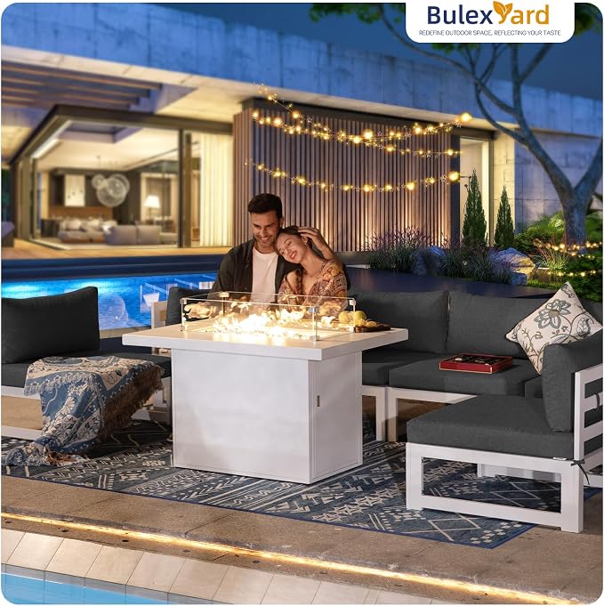 BULEXYARD 7 Piece L-Shaped Contemporary Aluminum Outdoor Furniture Set with Firepit, 29" Deep Wide Large Couch Set, 500 lbs High Weight Capacity Modular Patio Sectional Sofa for Garden Lawn, Dark Grey