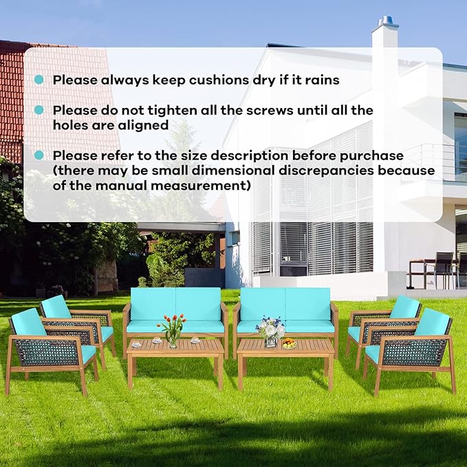 4 Pieces Outdoor Acacia Wood Furniture Set, Outdoor PE Wicker Conversation Set with Coffee Table and Soft Cushions, Outdoor Sofa Set for Garden, Poolside and Backyard (1, Turquoise)