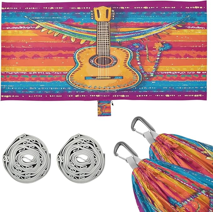 Mexican Cinco De Mayo Guitar Colorful Outdoor Hammock with Tree Straps Tree Hammock for Outside Beach Patio Garden