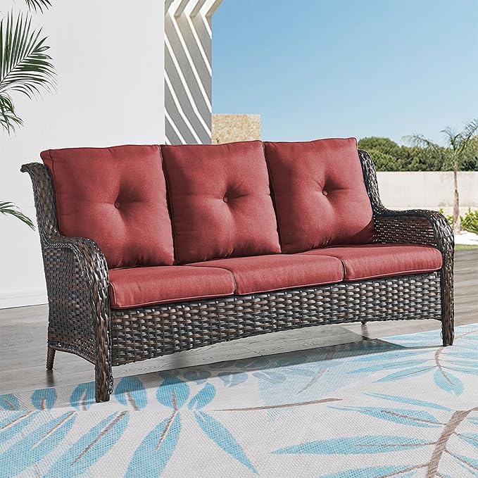 Rilyson Outdoor Couch Wicker Patio Sofa - 3 Seat Rattan Sofa with Deep Seating and Comfortable Cushions for Outside Porch Deck Balcony Garden(Brown/Red)