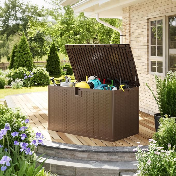 120 Gallon Large Outdoor Deck Storage Box, Waterproof UV Resistant Resin Patio Storage Bin, Lockable Heavy Duty Deck Chest Bench for Patio Cushions Garden Tools Pool Supplies, Brown