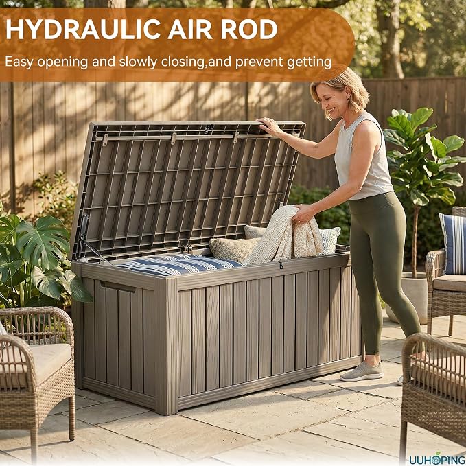 150 Gallon Outdoor Deck Box, Resin Waterproof Storage Box With Lockable Lid, UV-Resistant Multi-Purpose Outdoor Storage Bench for Patio Cushions, Garden Tools, Pool Accessories (Grey)