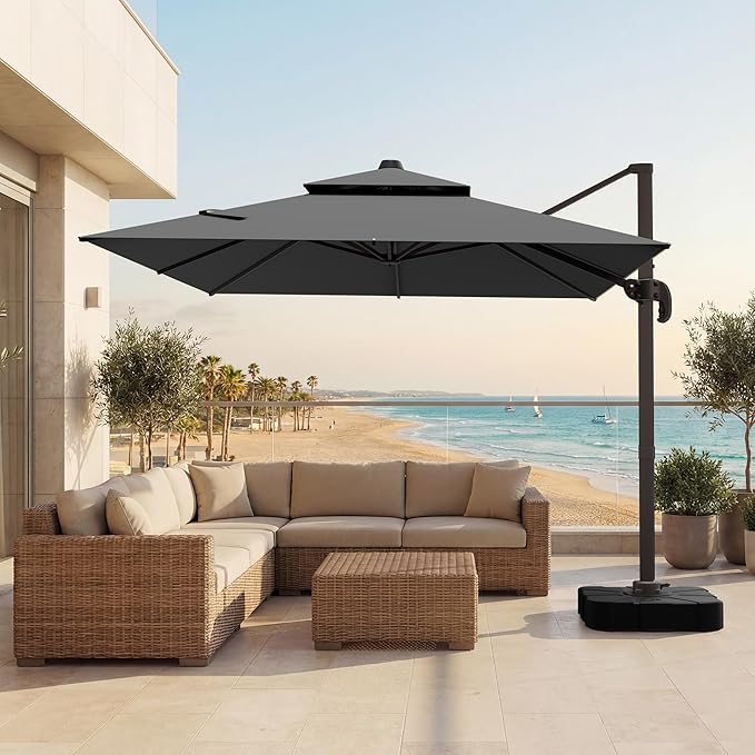 VEGOND 9x12 FT Patio Cantilever Umbrella with Base, Rectangular Heavy Duty Offset Umbrella for 6-8 People, 360°Rotation & Mult Tilt, Double Top Design, for Pool Garden Deck (Grey)
