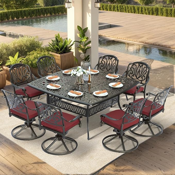 VIVIJASON 9-Piece Outdoor Furniture Dining Set for 8, Cast Aluminum Patio Table and Chairs Set with 4 Stationary Chairs, 4 Swivel Rocker Chairs, 64" Large Square Dining Table, Umbrella Hole, Red
