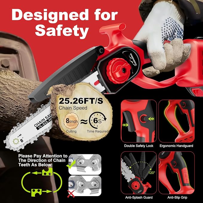 8" Cordless Mini Chainsaw with 2 Batteries | for Pruning, Trimming and Small Wood Cutting