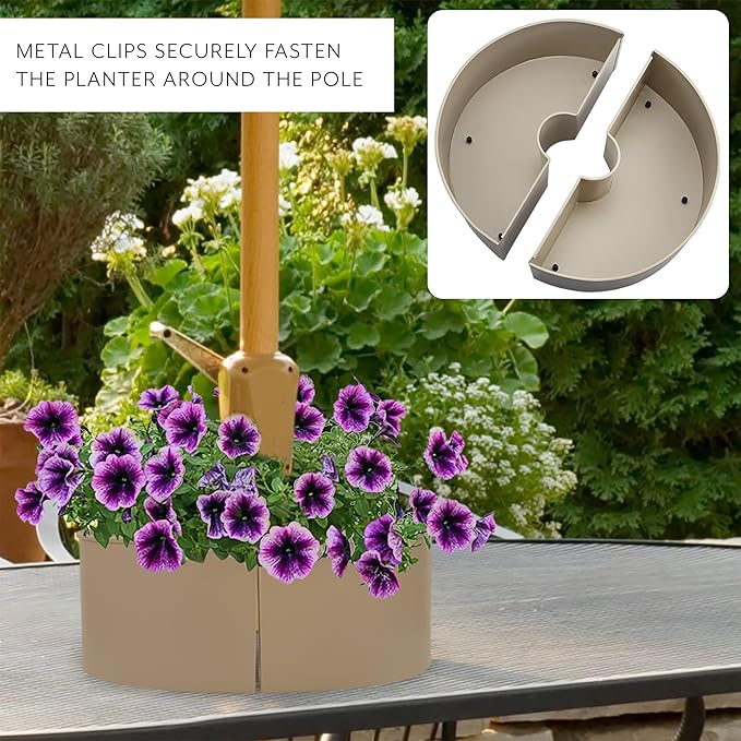 AuldHome Design Umbrella Planter for Patio Table (Beige/Greige), w/Umbrella Hole, Enamelware Half-Circle Planter Pots