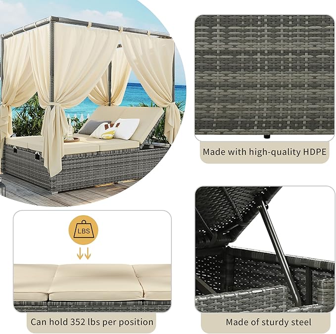 KEVINSPACE Outdoor Daybed with Curtain Canopy Bed Patio Furniture Adjustable Sunbed Set All-Weather Rattan Sun Lounger Patio Wicker Sofa Set Patio Conversation Set Curtains for Garden Yard Beige