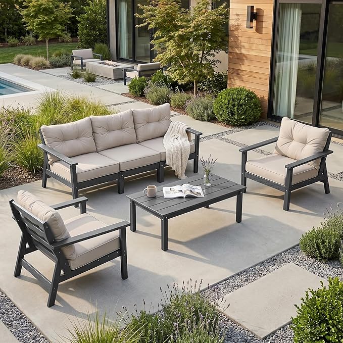 HDPE Patio Conversation Set 5 Seats, Outdoor Furniture Set, Patio Sofa Set | Water-Resistant Thick Cushion, HDPE All Weather, Wood-Grain, No Rot or Rust or Crack, UV Fade Shield, Easy-Clean for Outside