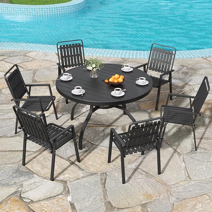 47" Round Outdoor Dining Table for 6, Metal Round Patio Table with Umbrella Hole, All-Weather Outdoor Patio Dining Table for Lawn Garden Deck Backyard (Black)