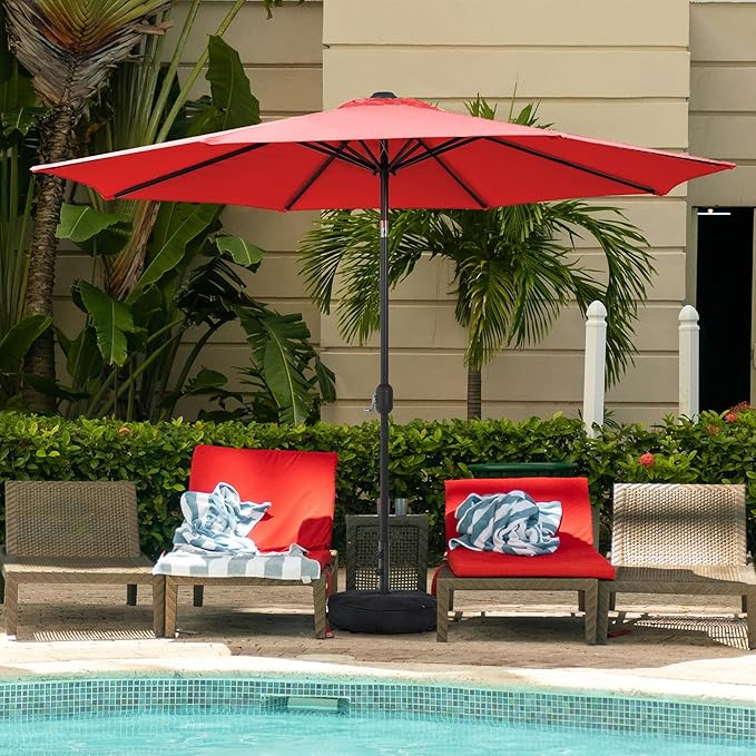 Sundale Outdoor 10 ft Patio Umbrella with Sand Bag Umbrella Base Included, Outdoor Umbrella with Tilt and Crank, Red