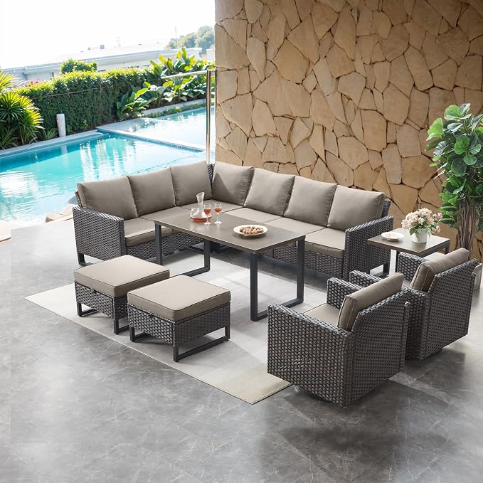 HUMMUH 10 Piece Patio Furniture Set PE Wicker 3 Outdoor Sectional Sofa Set with Patio Swivel Chairs Dinning Table Ottomans for Porch,Garden,Backyard,Deck(Brown/Grey)