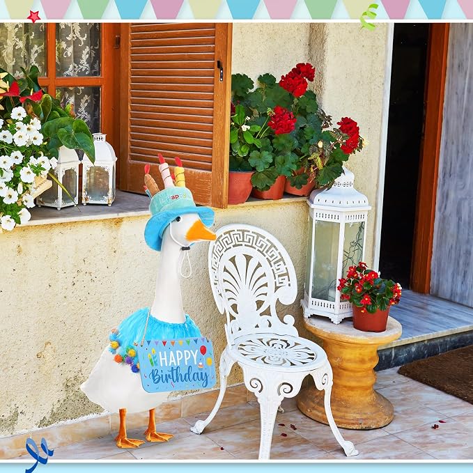 Happy Birthday Porch Goose Outfit Lawn Goose Cloth Costume for 23" Cement Plastic Patio Yard Statue Outdoor (Blue,Tutu Skirt)