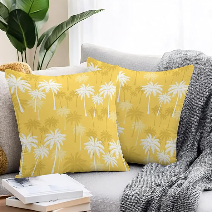 Throw Pillow Covers 20x20 Inch Set of 2, Tropical Palm Tree Waterproof Outdoor Pillow Covers, Yellow White Plants Coastal Leaf Beach Decorative Cushion Pillowcases for Couch, Sofa, Bed, Garden, Patio