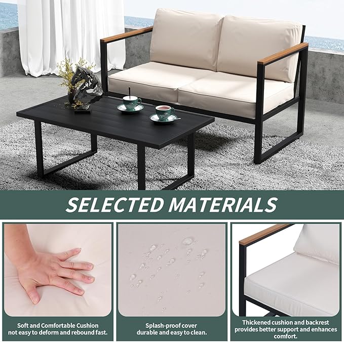 Patio Furniture Set 4-Piece, Outdoor Metal Conversation Set with Thick Washable Cushions, Conversation Set with 2 Chairs & Coffee Table Patio Sectional Furniture for Pool, Garden, Balcony, Beige