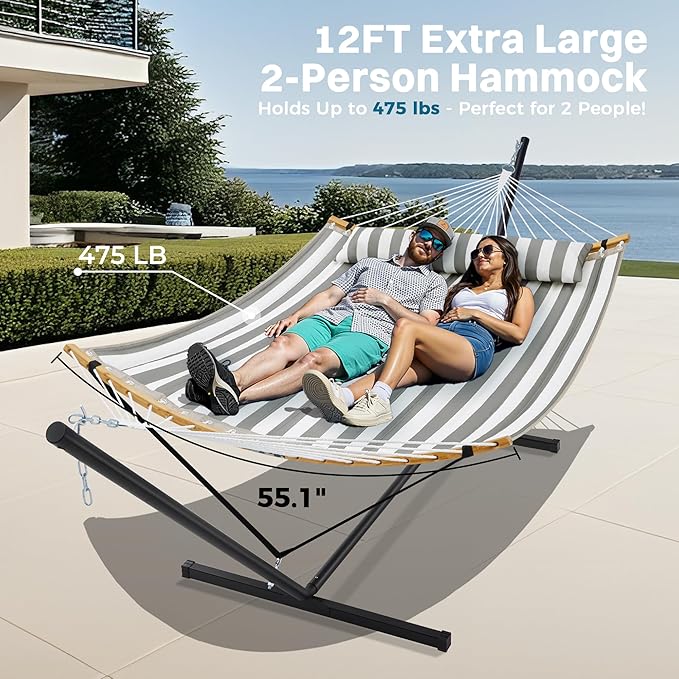SUPERJARE Curved-Bar Hammock with Stand, 2 Person Heavy Duty Hammock Frame, Detachable Pillow & Portable Carrying Bag, Perfect for Outdoor & Indoor, Black and White Stripe