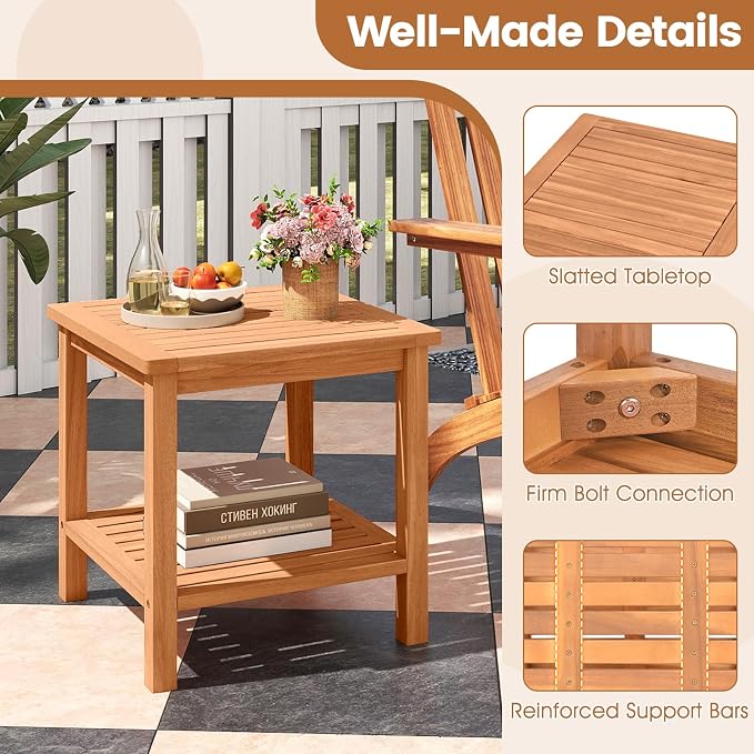 Tangkula Outdoor Side Table, 2-Tier Acacia Wood Square End Table with Slatted Tabletop & Storage Shelf, Indoor Outdoor Wooden Accent Bistro Patio Table for Backyard, Poolside, Garden, Natural (2)