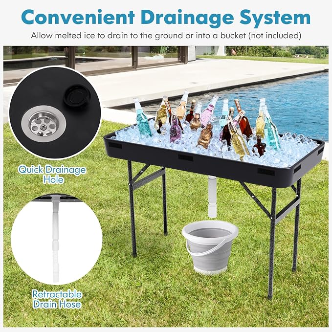 4 Foot Ice Tables for Parties with Drain, Ice Cooler Folding Table with Removable Matching Skirt, Party Ice Bin Table, Cooler Table Outdoor, Ice Table for BBQ, Camping & Picnic, Black