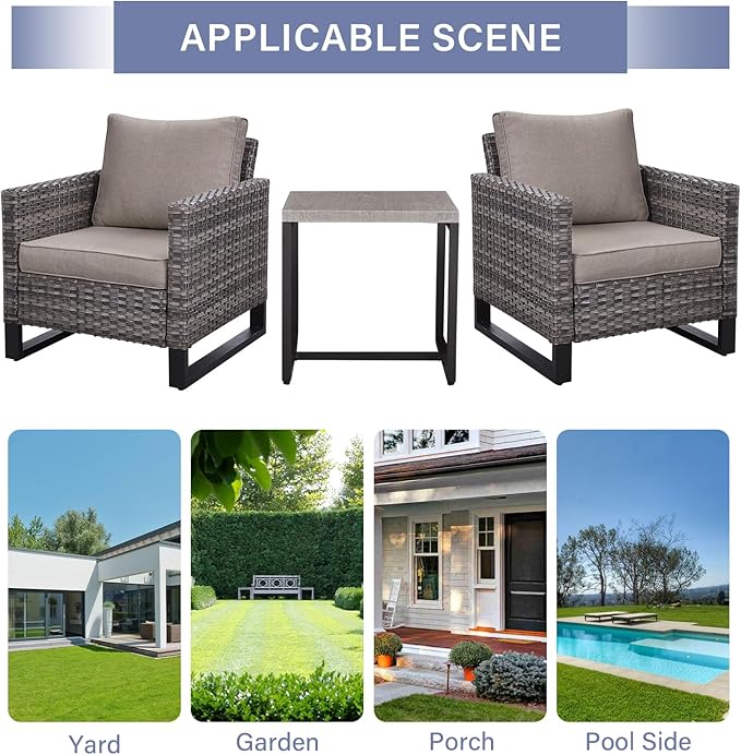 Rilyson Wicker Outdoor Patio Chairs Set - 3 Piece Rattan Patio Furniture Bistro Chairs Set with Waterproof Wicker,Comfortable Cushions and Sturdy Metal Frame for Porch Deck Backyard(Mixed Grey/Grey)