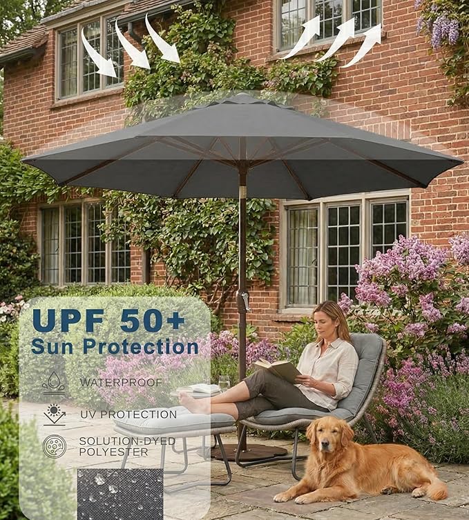PatioKingdom 9FT Patio Outdoor Umbrella-UPF 50+ Sun Shade with Wind Vent, Push-Button Tilt & Smooth Crank Lift, Rust-Resistant Fiberglass Frame for Garden, Backyard,Yard (Gray)