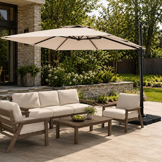 10FT Cantilever Patio Umbrella with Solar Lights, Large Outdoor 2 Tier Aluminum Offset Square Umbrellas 360 Degree Rotation for Garden Deck Pool