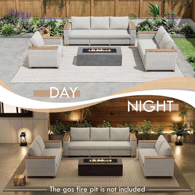 PaPaJet 6-Piece Patio Furniture Set, Wicker Patio Conversation Set with Solid Wood Armrests &Thick Legs, UV-Resistant Outdoor Sectional Sofa for Backyard, Porch, Garden(88"+63"+37")