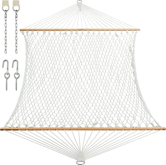 JoyView Traditional Rope Double Hammock - Hand Woven Polyester Hammock with Hardwood Spreader Bar 450lb Capacity for Outdoor Indoor Patio Yard - White