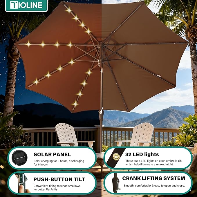 9FT Solar-Powered LED Patio Umbrella with Tilt Crank,Outdoor Market Umbrella with 32 Lights,Sunshade for Deck, Garden and Pool
