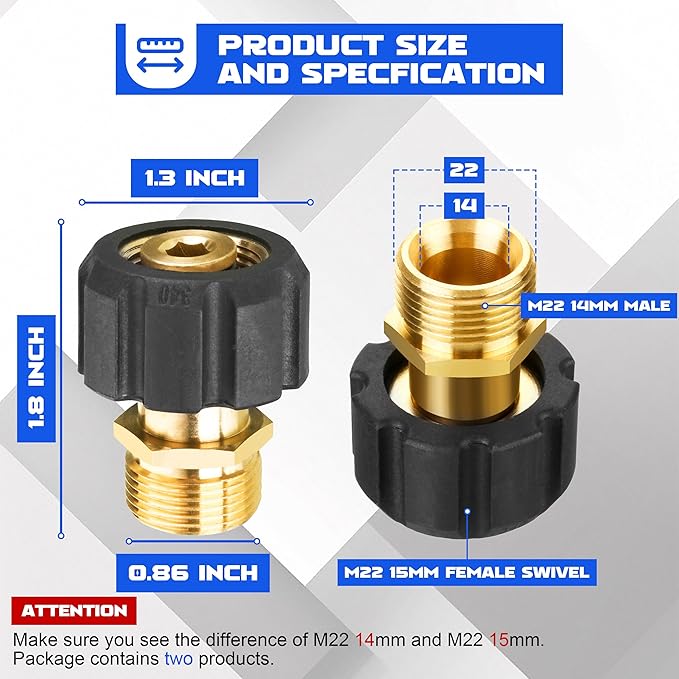 M MINGLE Pressure Washer Adapter, Metric M22 15mm Female to M22 14mm Male Fitting, 4500 PSI Heavy Duty Brass, 2 Pack for Pressure Washer Gun/Hose/Pump