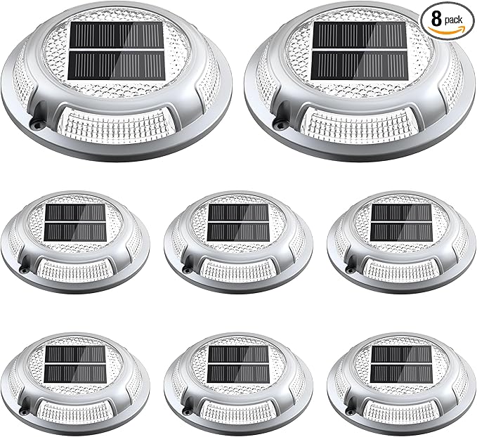 Solar Driveway Lights, 8 Pack Heavy Duty Driveway Lights Solar Powered 2 Color Mode (Cool/Warm White) IP68 Waterproof Outdoor Solar Deck Lights with Ground Stake for Pathway Garden Yard Walkway Dock
