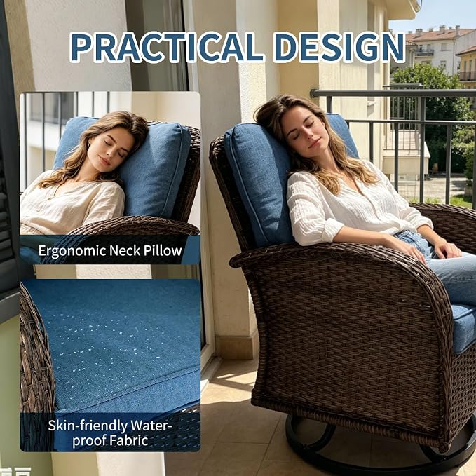 Outdoor Swivel Rocker Patio Chairs (Brown Wicker/Blue Cushion, 5PC/Swivel & Side Table & Ottomans)