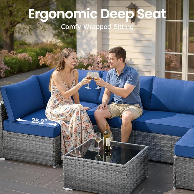 8 PCS Outdoor Patio Furniture Sets with 42'' Fire Pit Table,Wicker Weather Resistant Patio Conversation Set with Comfy Cushions,Modular L Shaped Sofa with Coffee Table for Yard,Navy Blue