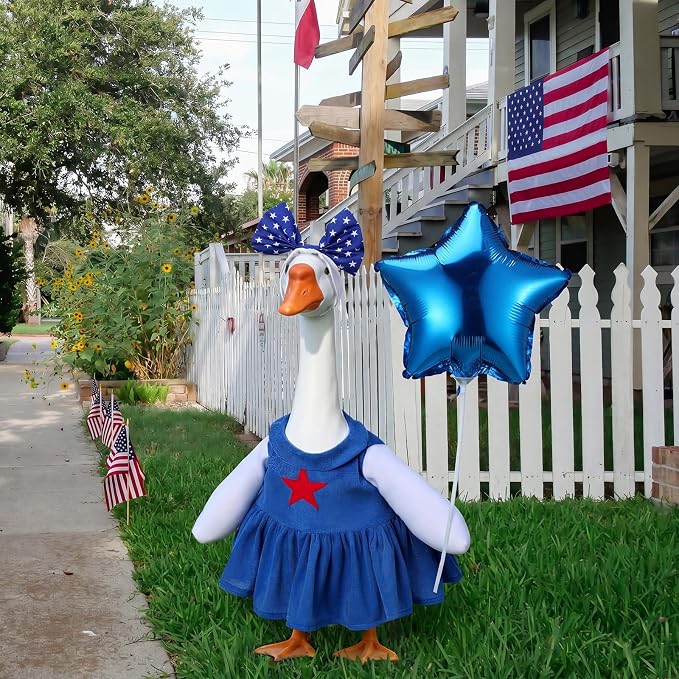 Soulchen 1 Set 4th of July Porch Goose Outfit 23 Inch Patriotic Red White Blue Cement Goose Clothes Dress and Headband Set for 250th Anniversary Independence Day Holiday Garden Yard Decor