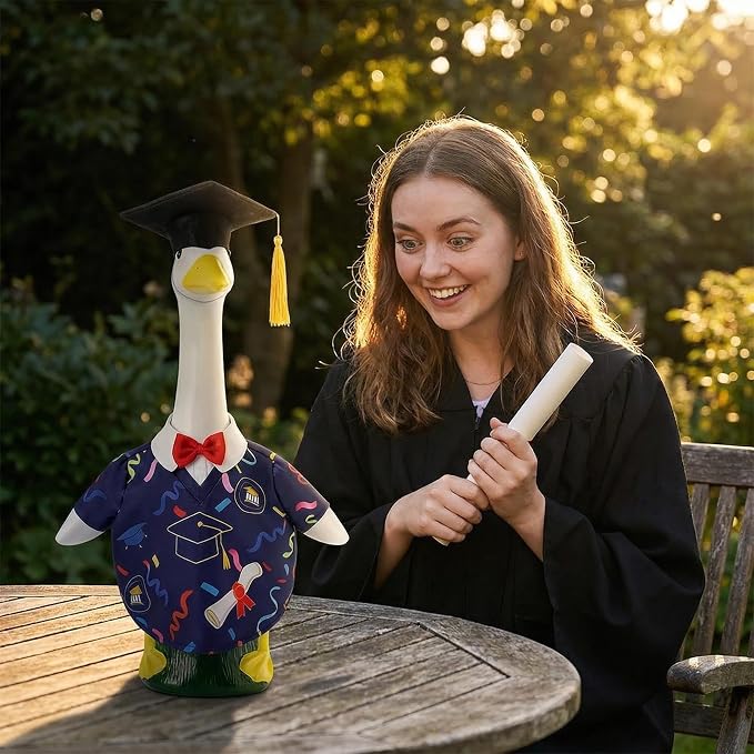 Graduation Porch Goose Outfits - 2Pcs Grad Cap & Gown Goose Outfits for 23 Inch Goose Statues, Includes Cap and Gown with Red Bowtie, Grad Porch Goose Decor for Lawn Garden Yard Party