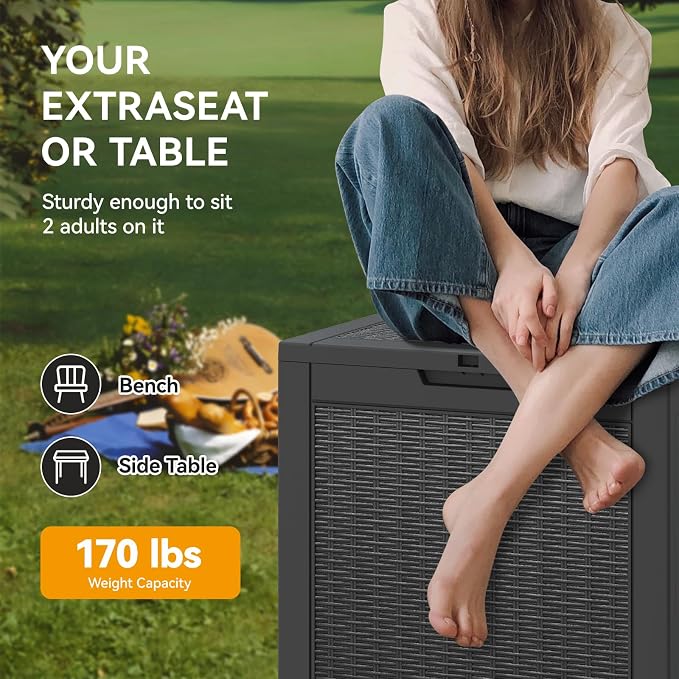 Bifanuo Outdoor Storage Box, 32 Gallon Deck Boxes Waterproof, Resin Storage Cabinet Multi Functional Storage Bench For Gardening Tools, Pool Supplies, Patio Furniture, Lockable