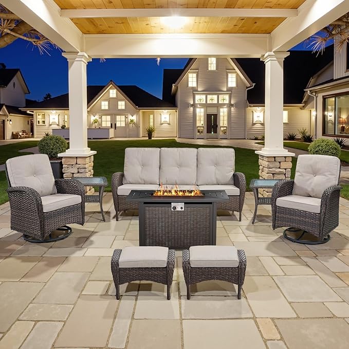 Belord 8 Piece Patio Furniture Set with 43" Fire Pit Table - Wicker Patio Conversation Set with Swivel Rocker Chairs and Sofa for Deck Outside Backyard Brown