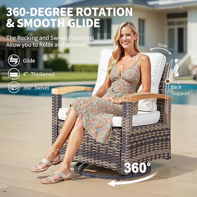 MEISSALIVVE 9 Pieces Outdoor Patio Furniture Sets,PE Wicker Patio Conversation Sets with 4 Wood Armrests Swivel Rocker Chairs，2 Ottoman and Coffee Table(Brown)