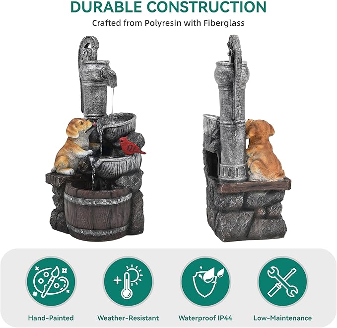 30" Puppy & Red Bird Outdoor Fountain, 3-Tier Pastoral Water Feature with LED Lights, Resin Two Bowls & Wooden Barrel Soothing Cascading Waterfall for Patio, Backyard, Garden