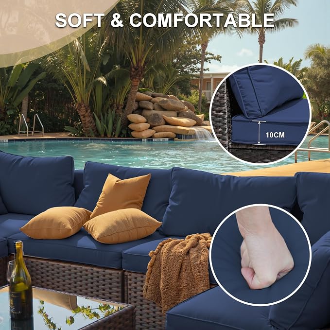 5 Pieces Patio Furniture Set with 42" Fire Pit Table, Outdoor Patio Sectional Sofa, Wicker Rattan Conversation Set, Blue