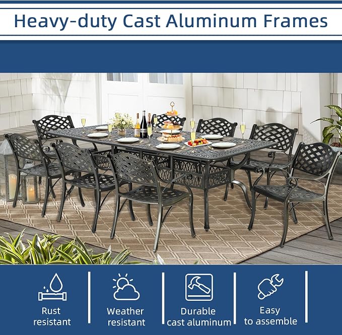 9-Piece Patio Cast Aluminum Dining Set, Outdoor Table and Chairs Set for 8, Includes 94.5" Rectangular Dining Table and 8 Chairs with Umbrella Hole, Patio Furniture Set for Deck Garden