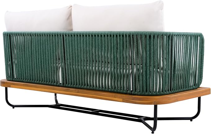 Christopher Knight Home Elly Acacia Wood Outdoor Loveseat and Coffee Table Set, 2 Piece Patio Furniture Set with Metal Frame, Outdoor Conversation Set with Cushion for Backyard, Green+Teak+ Beige