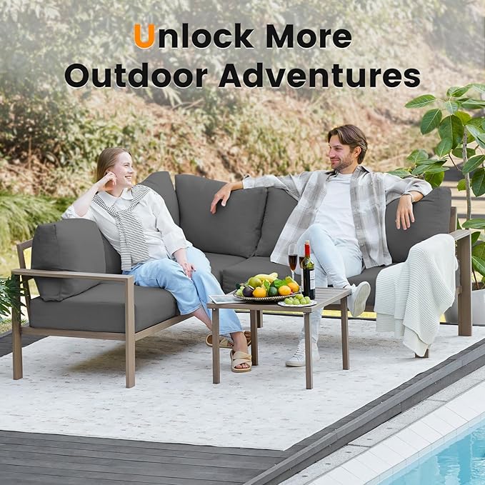 6 Pieces Patio Furniture Set, Wood-Look Metal Outdoor Sectional Furniture Conversation Set, L Shape Patio Couch with Side Table, 6.5" Thick Olefin Cushions for Garden, Backyard, Deck(Dark Grey)