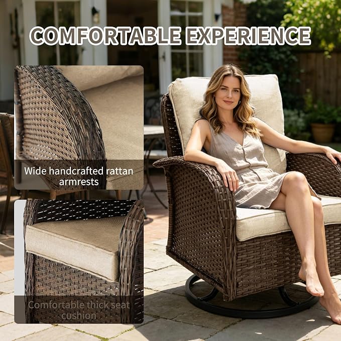 Outdoor Swivel Rocker Patio Chairs (Brown Wicker/Khaki Cushion, 7PC/Sofa & Swivel &2 Table & Ottomans)