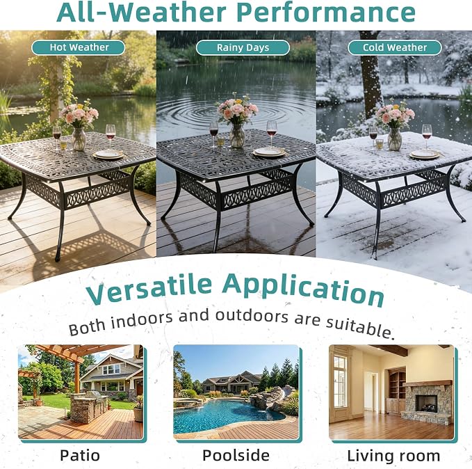 MEETWARM Outdoor 64" Square Patio Dining Table for 8, All Weather Cast Aluminum Large Patio Furniture Table Fits for 8-10 Person with 2.2" Umbrella Hole for Garden Backyard Lawn, Dark Bronze
