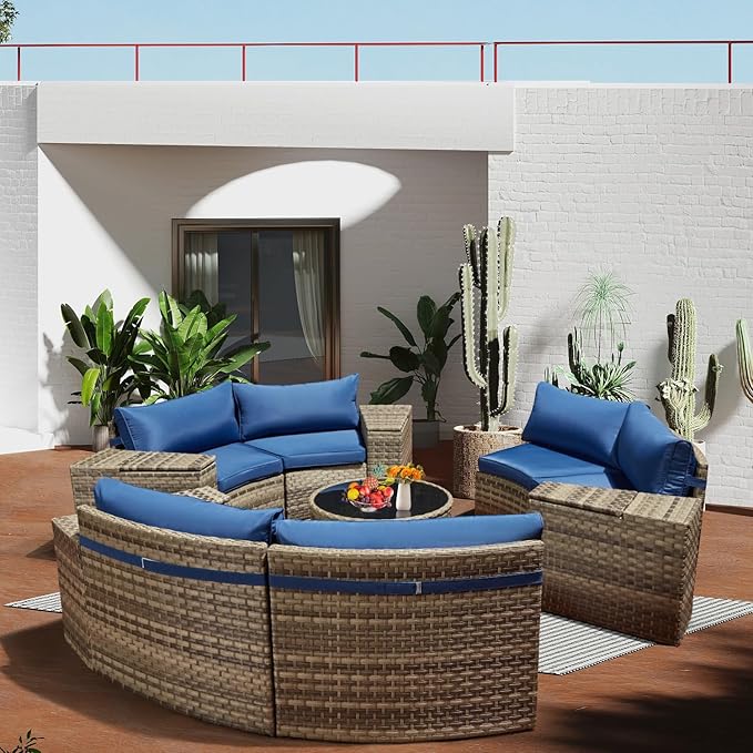 ECOTOUGE Outdoor Patio Furniture, 11-Piece Half-Moon Sectional Patio Furniture Set Curved Sofa with Tempered Glass Round Coffee Table, Fit for Pool Backyard Balcony Porch Lawn(Blue)